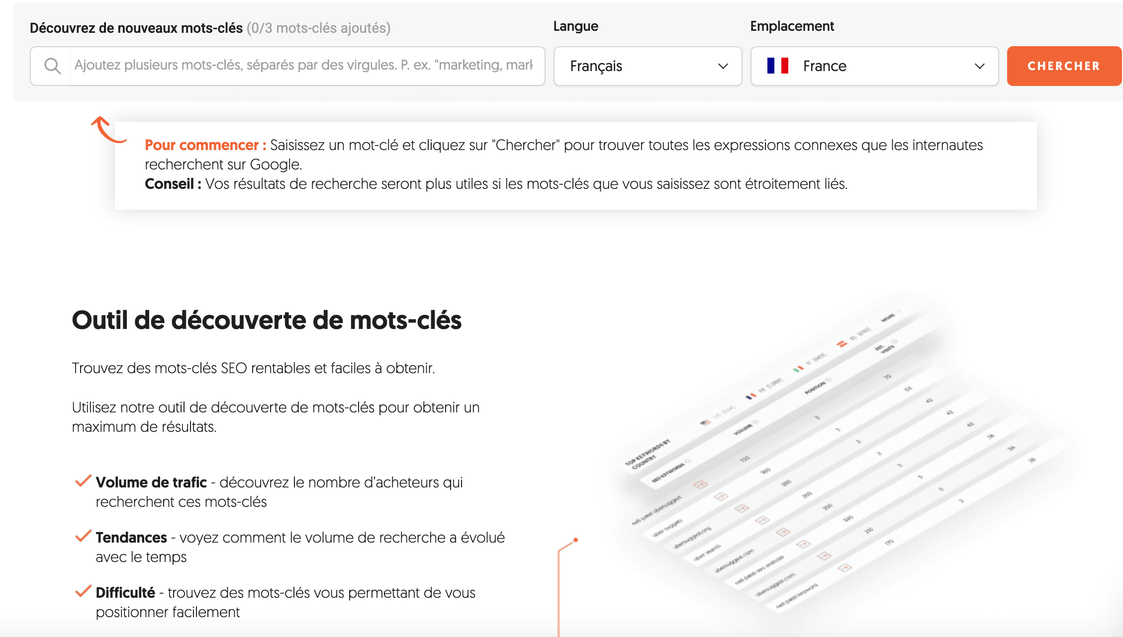 Aperçu plateforme Ubersuggest pour recherche mots-clés SEO.