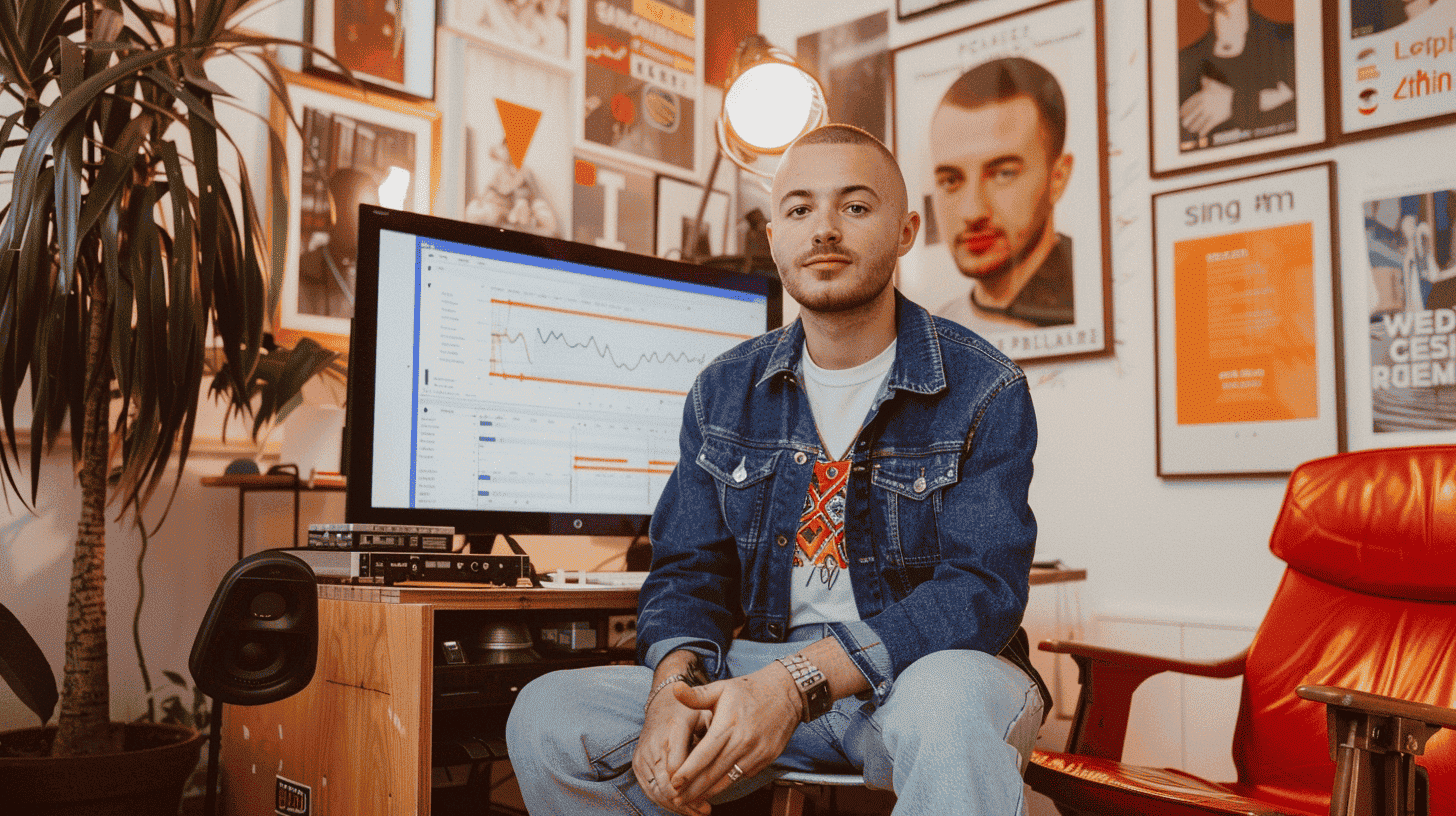 Jeune homme devant un écran affichant des données d'analyse SEO, conseils seo, référencement naturel.