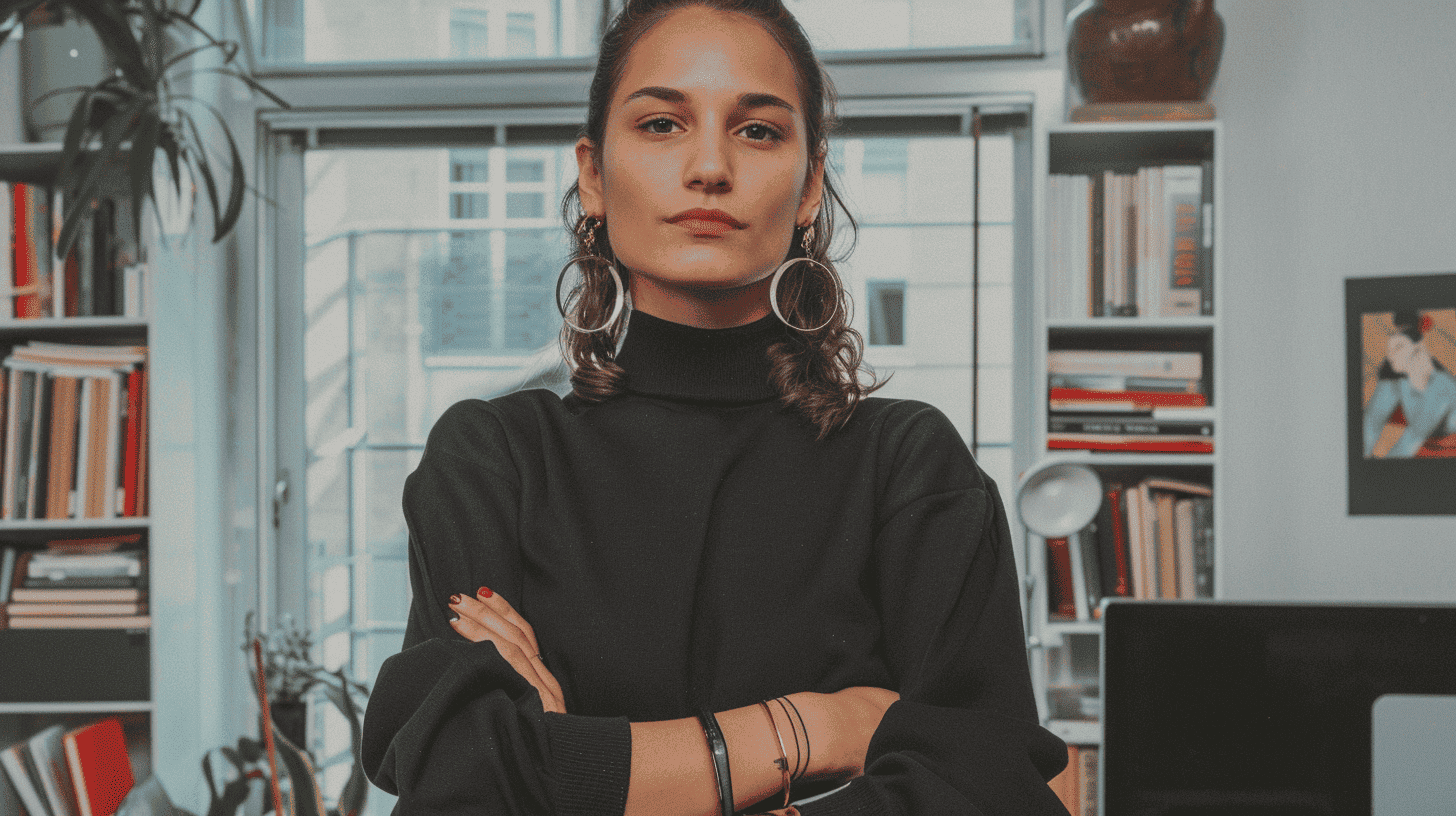 Professionnelle en agence, bras croisés, regard direct, posture face à l'intelligence artificielle dans le marketing et l'évolution des métiers créatifs