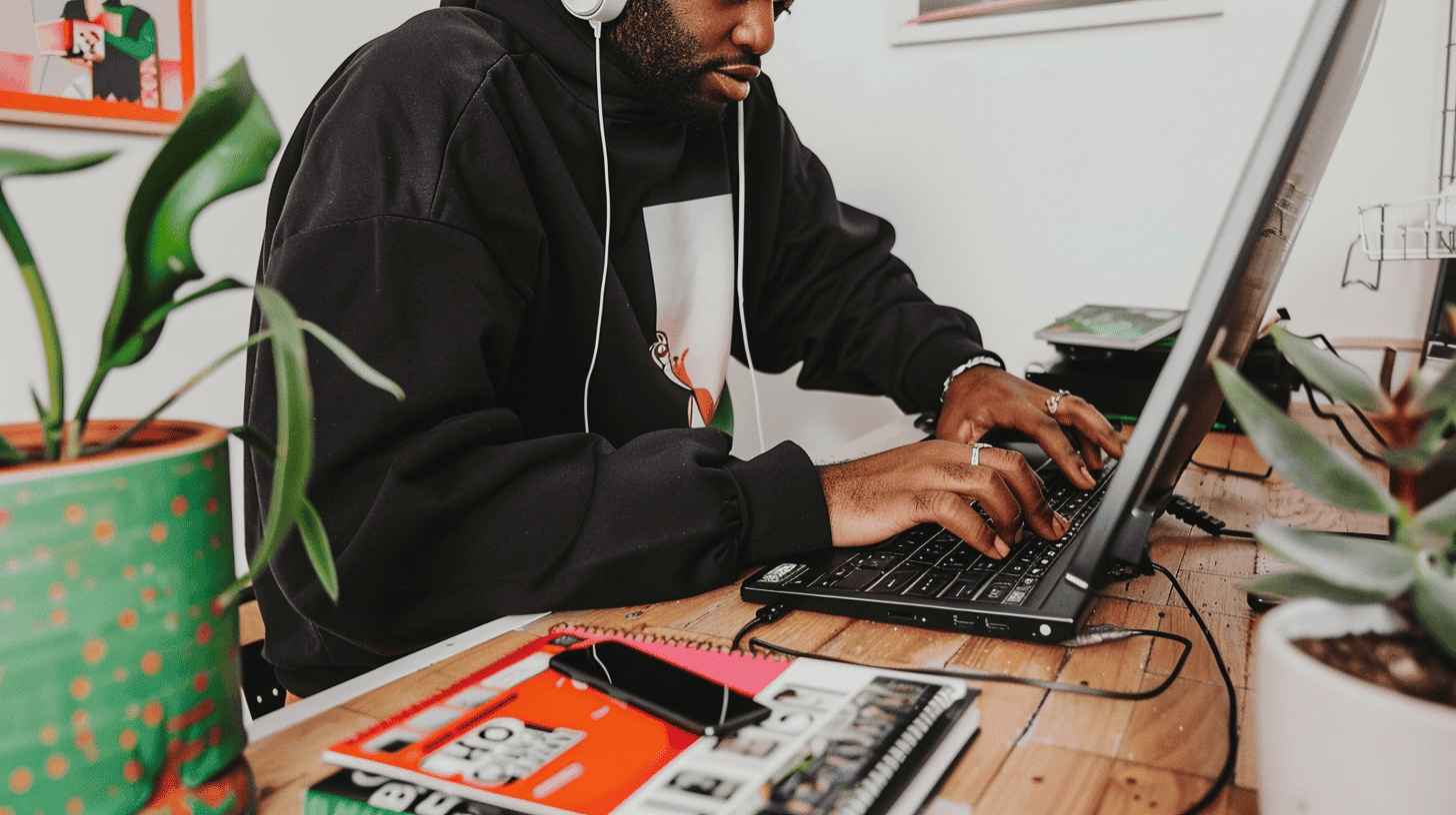 Professionnel créatif travaillant sur laptop dans un espace de travail personnel, contexte de réflexion sur le Generative Engine Optimization et l'évolution du search IA