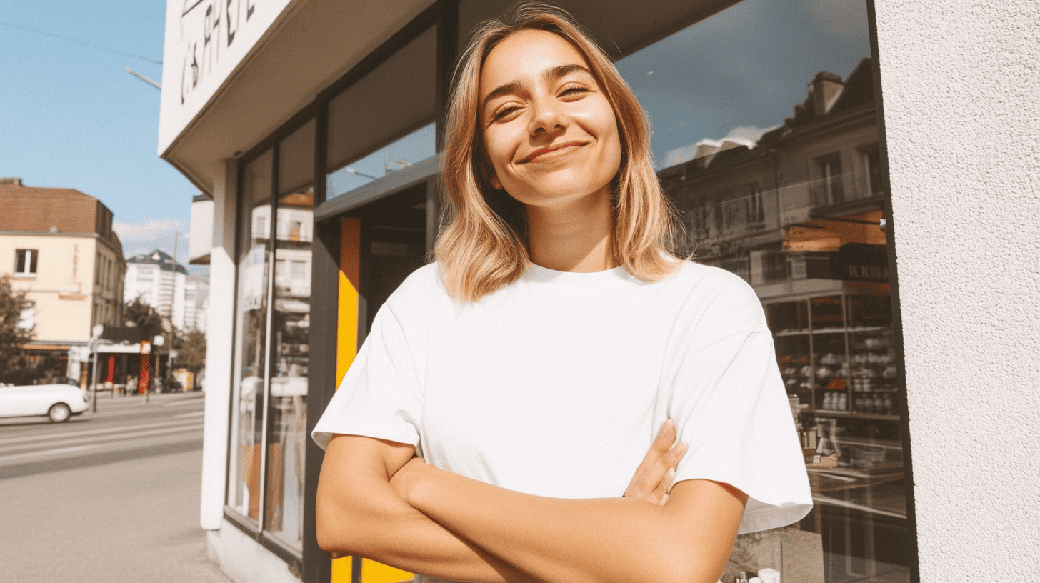 Commerçante locale devant sa boutique contente de sa stratégie de marque
