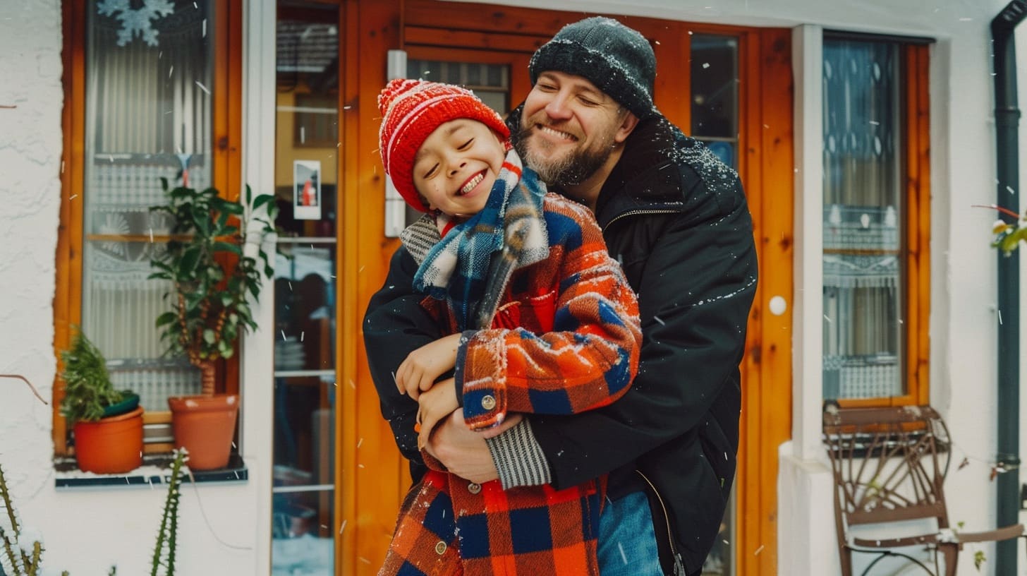 Un papa et sa fille heureux sous la neige pendant la période de Noël.