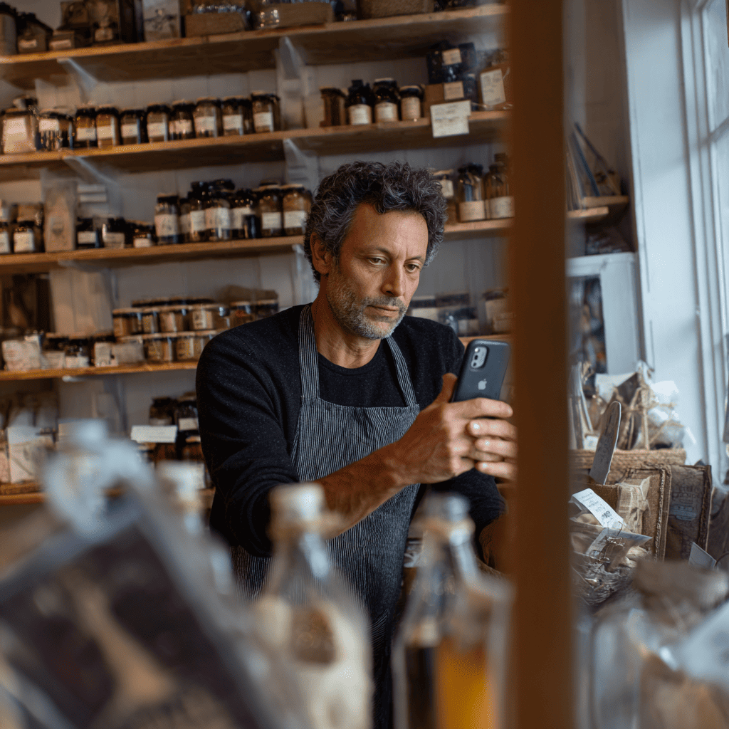 Commerçant local dans sa boutique qui travaille sur ses réseaux sociaux