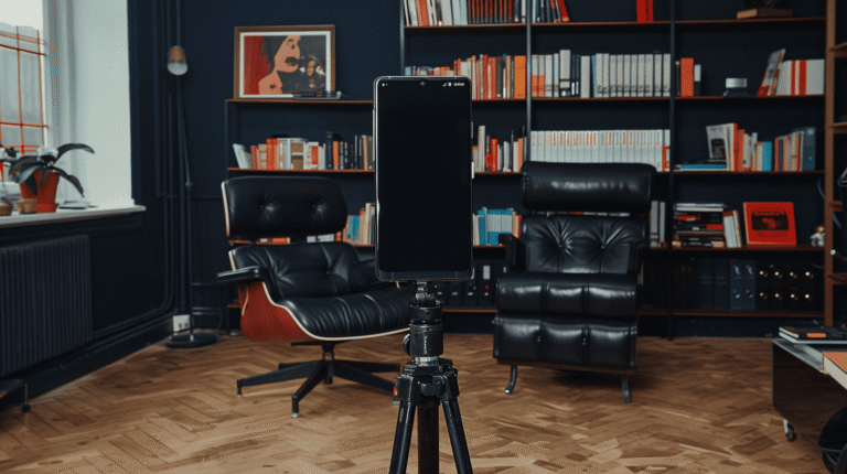 Smartphone sur trépied avec écran éteint face à une chaise vide dans un bureau d'agence, setup face caméra prêt à filmer.