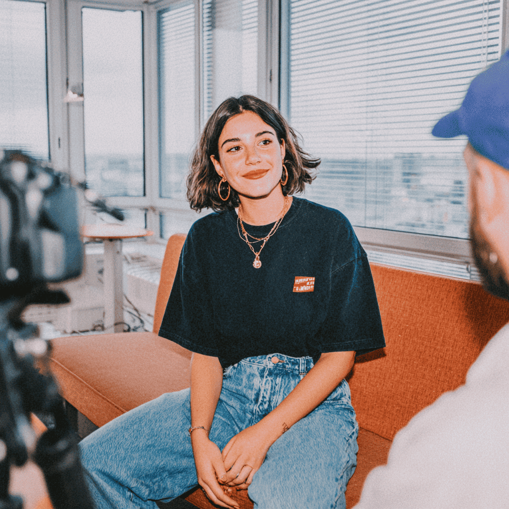Femme filmée en interview face caméra dans un bureau lumineux, tournage vidéo de marque en entreprise.