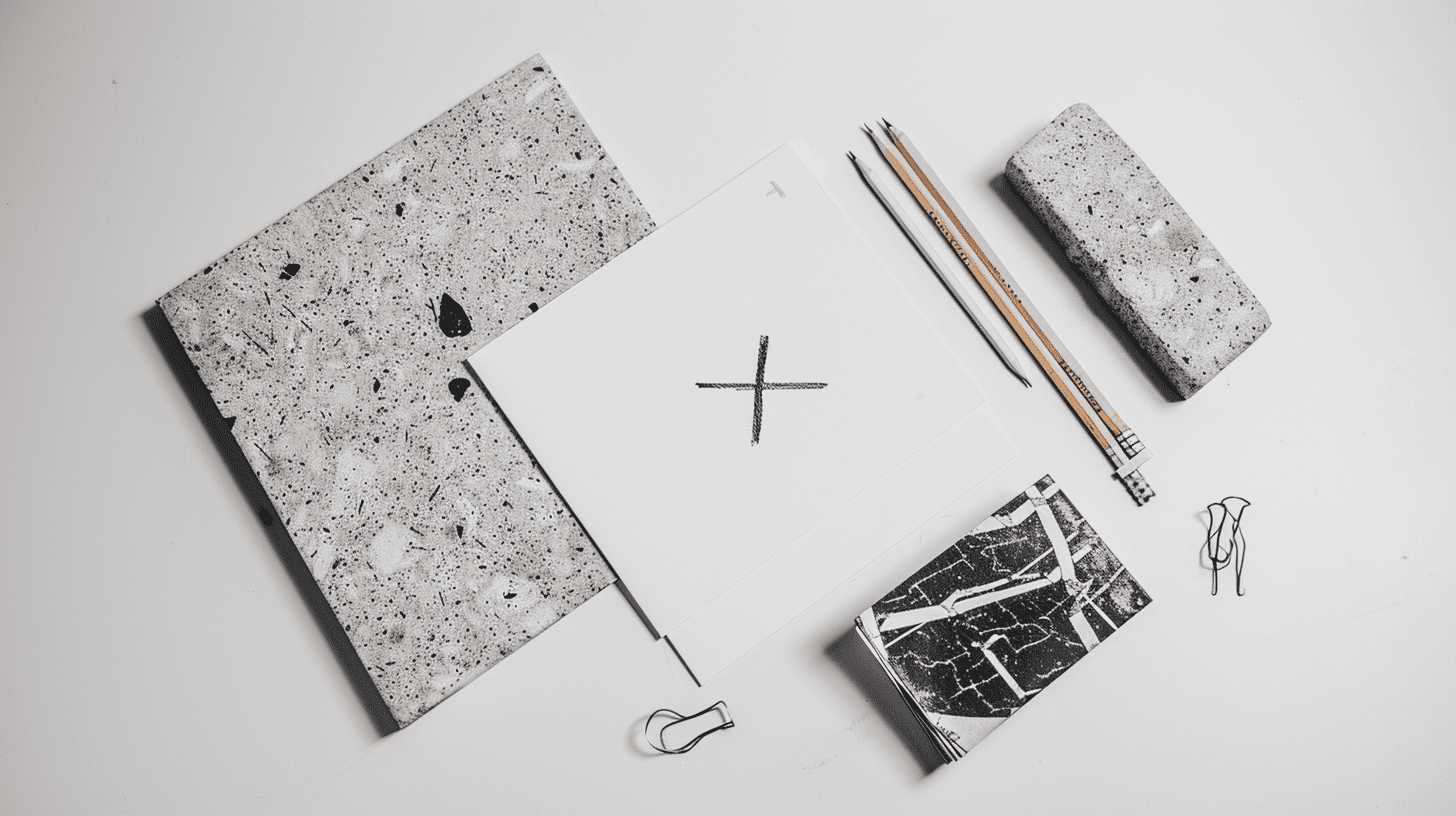 Feuilles de travail et crayons posés sur une surface blanche, avec un X tracé au crayon symbolisant la refonte d'une identité de marque