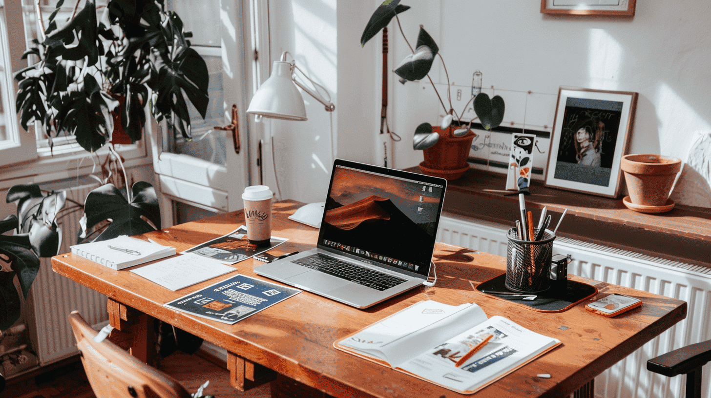 Élaborer une charte éditoriale : bureau créatif avec laptop, carnets et supports de communication, baigné de lumière naturelle