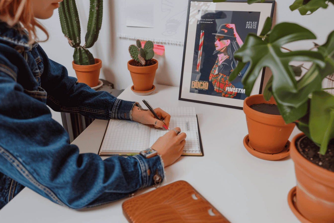 Mains d'une graphiste qui dessine la mise en page de son portfolio professionel