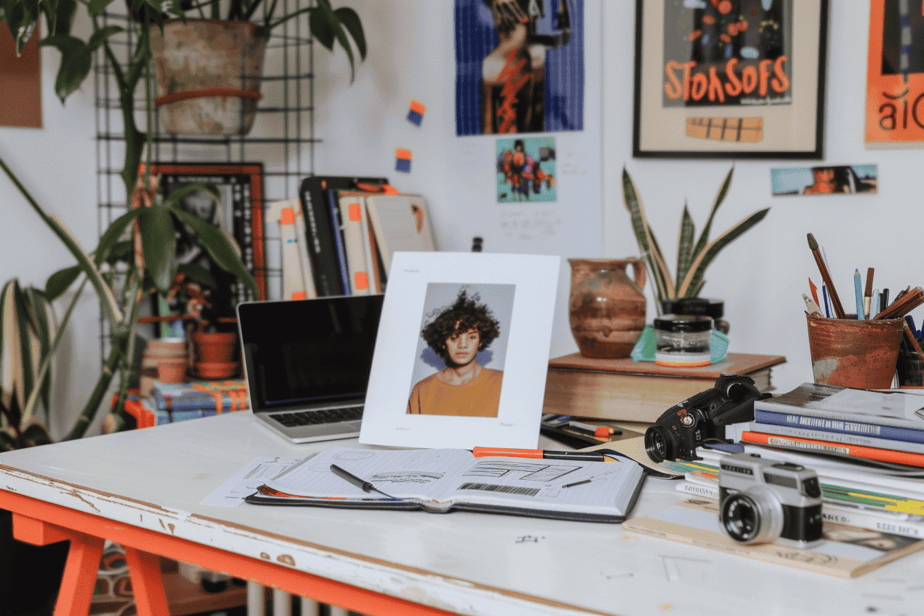 Espace de travail d'un créatif qui constitue son portfolio professionnel