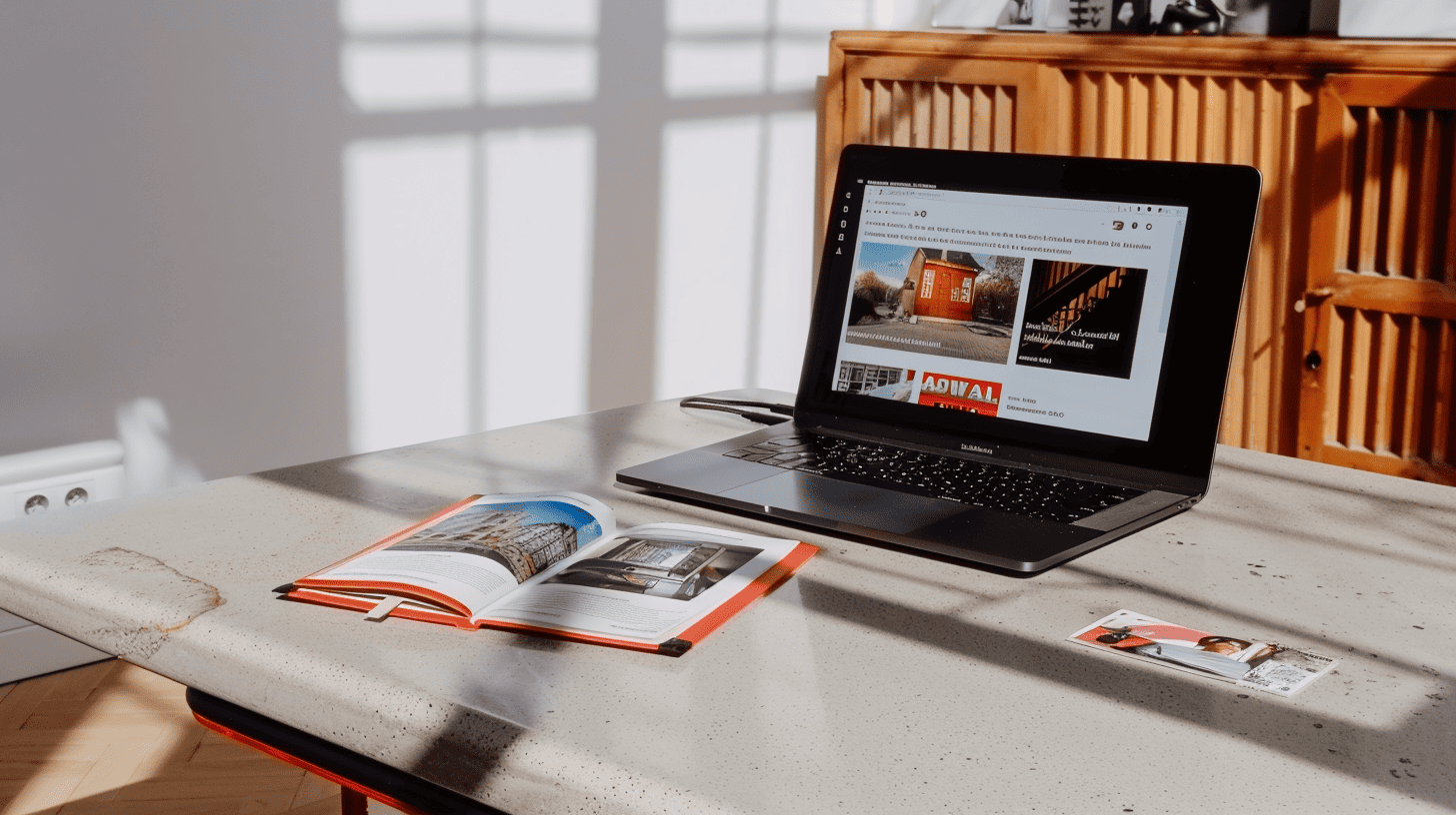 Laptop affichant un portfolio professionnel en ligne posé sur une table à côté d'un book imprimé ouvert