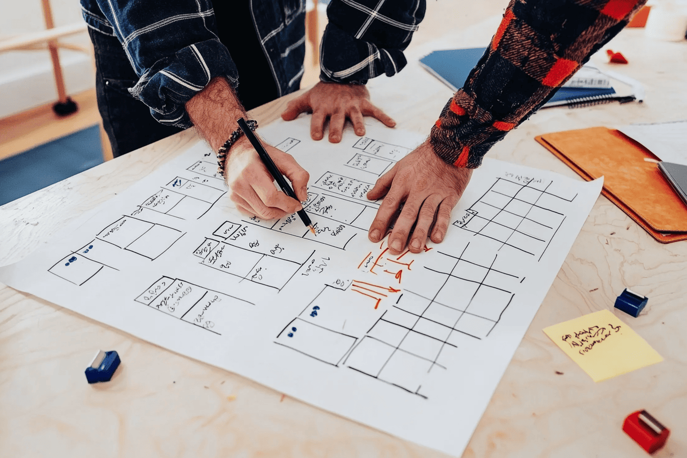 Deux personnes annotant des wireframes de site web à la main, agence web Clermont-Ferrand UX UI