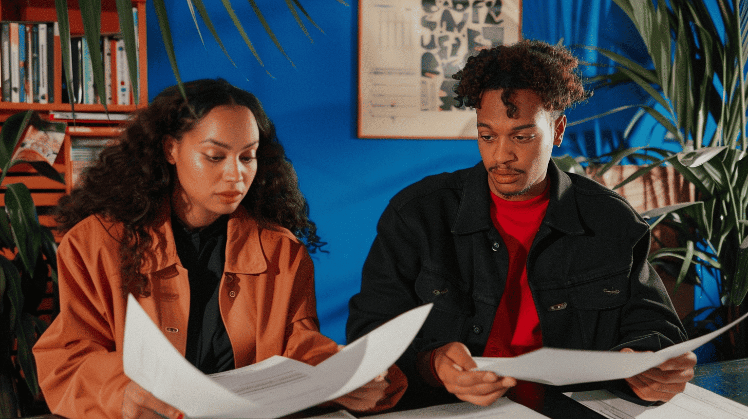 Deux professionnels analysant des documents stratégiques en agence pour construire un tone of voice cohérent
