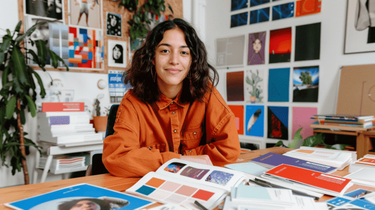 Graphiste entourée de supports d'identité de marque en agence de communication